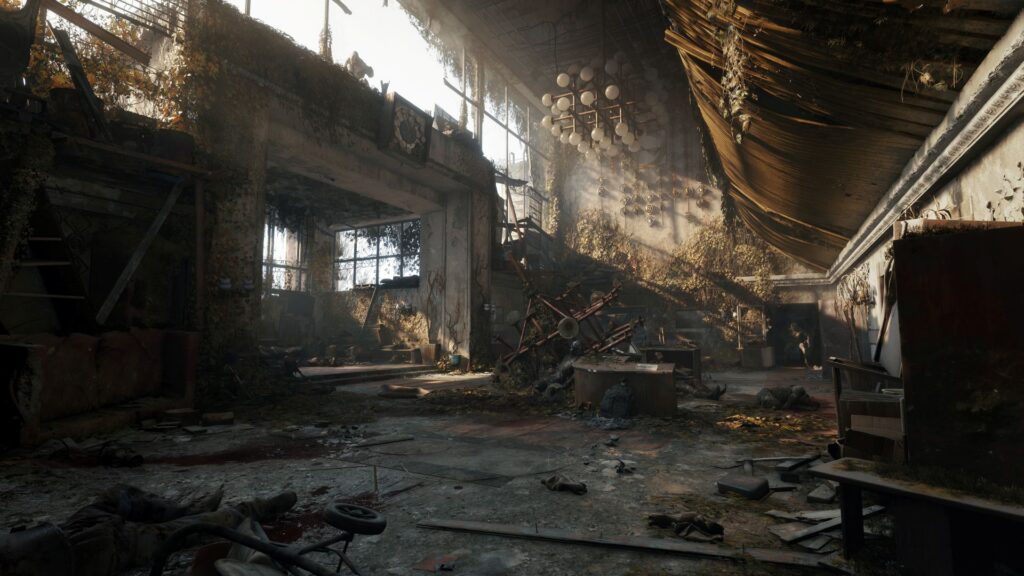 Ruined hotel interior in METRO 2039 dense with scavengable clutter