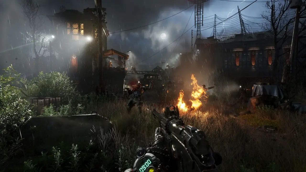 Night surface firefight in METRO 2039 with the digital watch reading remaining filter time