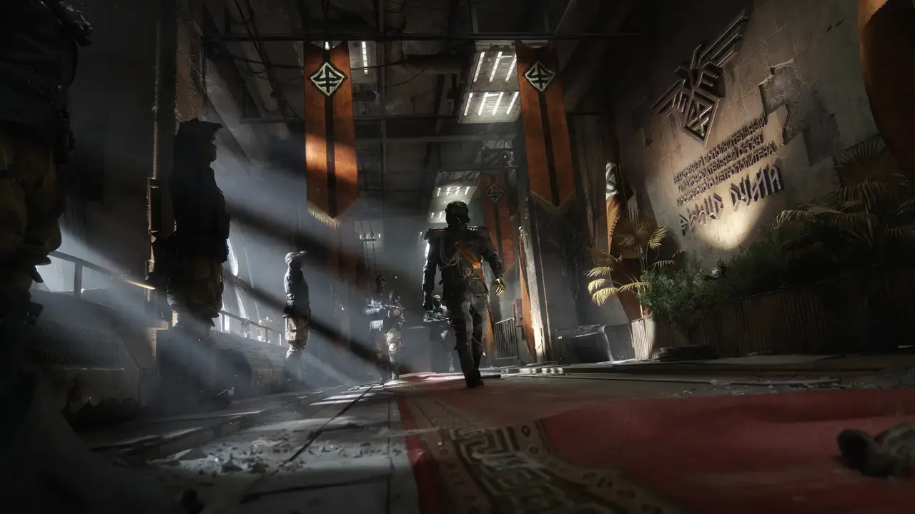 Hunter walking a red-carpeted Novoreich hall under fascist banners in METRO 2039