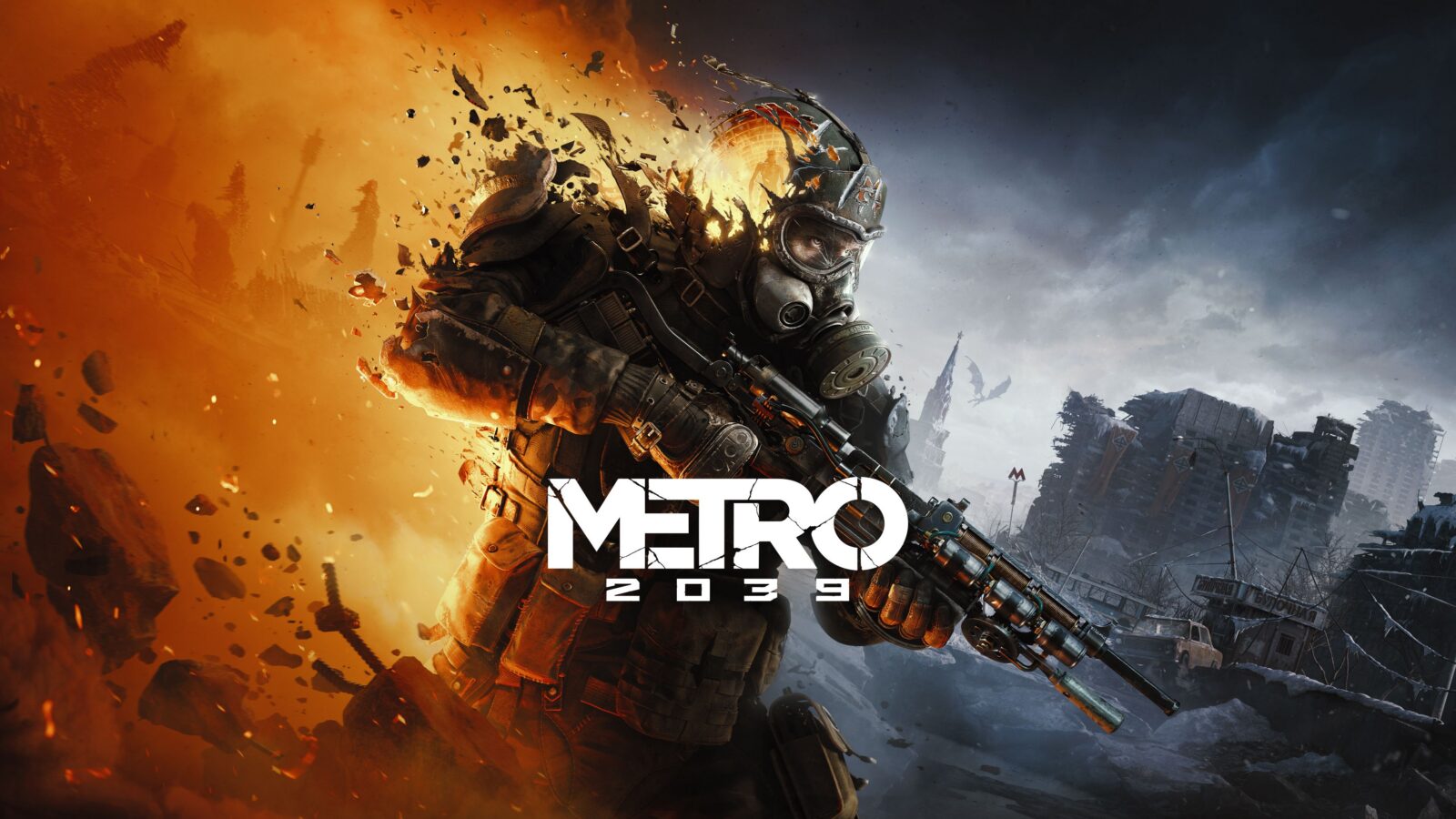 METRO 2039 key art of The Stranger in a scarred Spartan helmet against burning Moscow