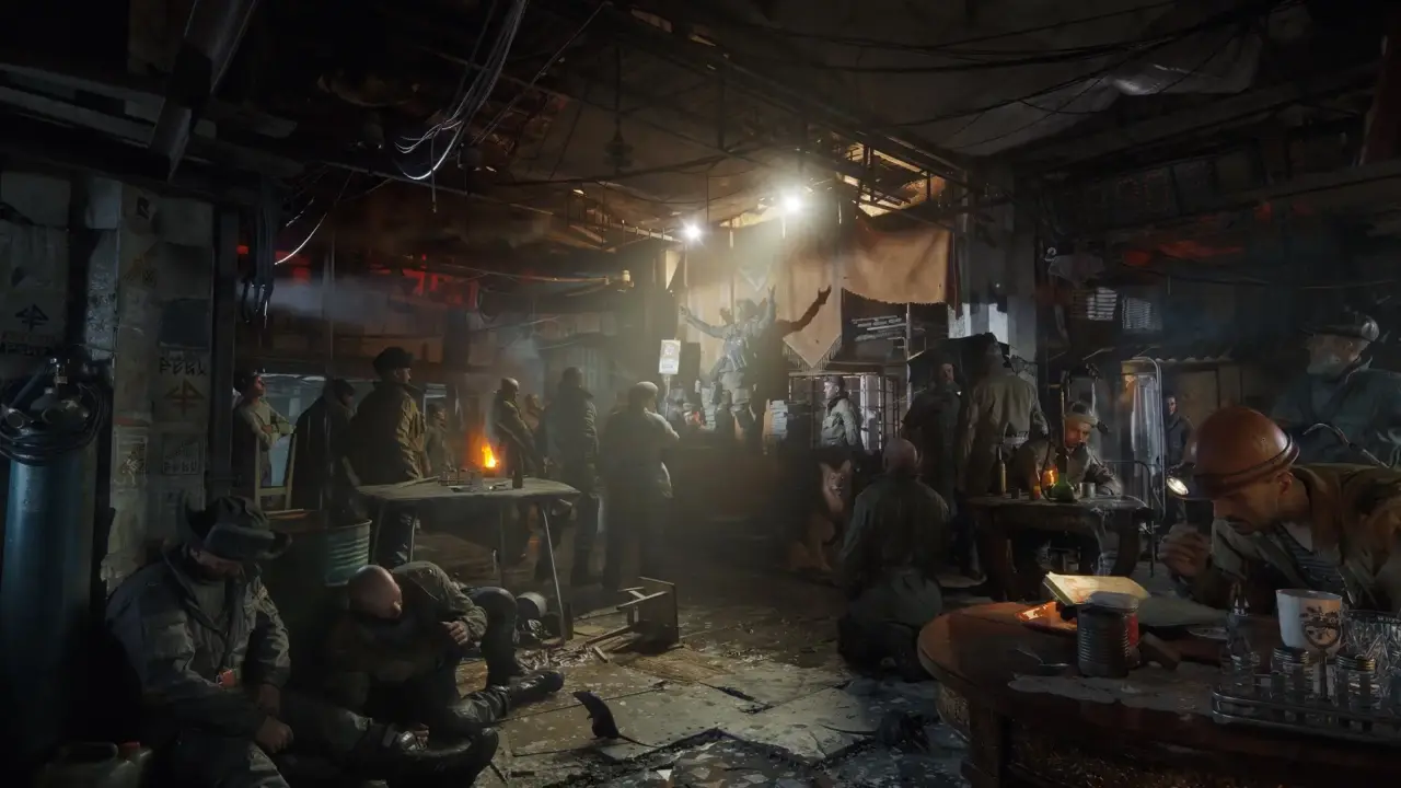 Crowded Metro station settlement with workers, drinkers and a speaker on a crate in METRO 2039