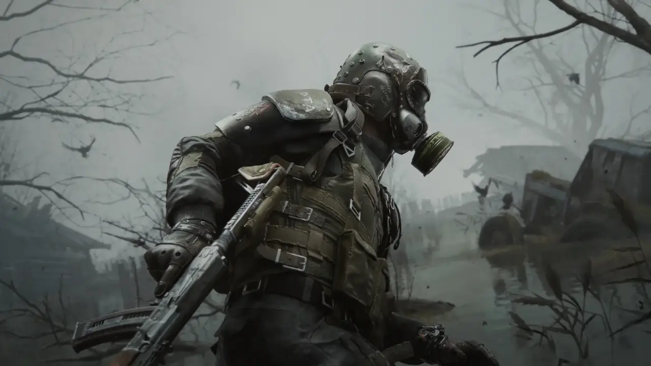 The Stranger carrying a well-worn rifle through a grey wilderness